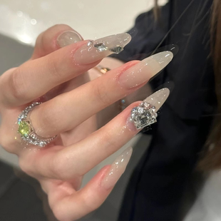 手工定制成品穿戴甲可拆冰透裸色钻球爆闪美甲孕妇新娘显白指甲片