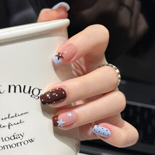 新品 手工成品穿戴甲秋冬美拉德豹波点显白假指甲贴片光疗孕妇美甲