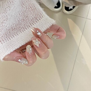 手工定制成品假指甲光疗穿戴甲氛围感奶油色花花美甲孕妇新娘显白