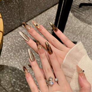 手工定制成品假指甲贴片显白可拆卸秋冬老钱风棕美甲穿戴甲孕妇