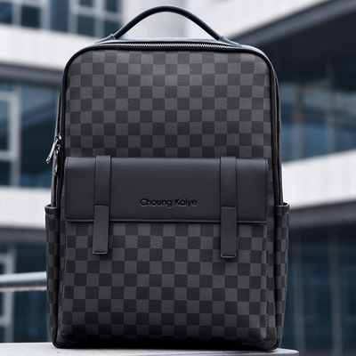ChuongKaiye品牌双肩包男真皮商务款通勤电脑包格子书包旅行背包
