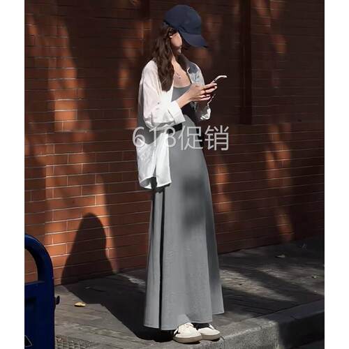 灰色吊带裙洋装夏长裙女2026新款背心修身小个子高级感收腰裙子