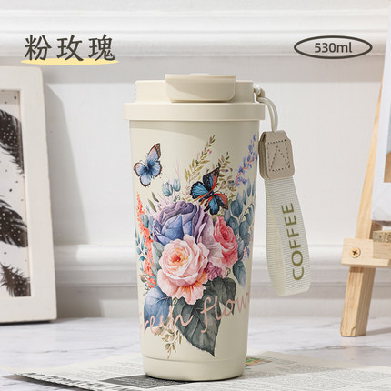 3D双饮咖啡杯316不锈钢保温杯车载吸管杯 简约铃兰礼品杯