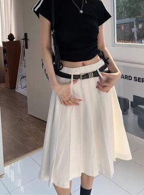 白色百褶裙女中长款半身裙大码高腰百搭a字裙半裙西装jk过膝长裙