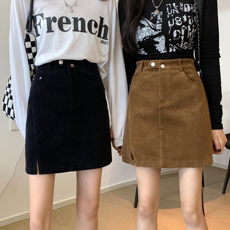 大码复古灯芯绒半身裙秋冬咖色