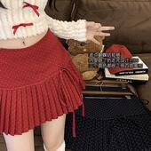 蝴蝶结红色波点百褶半身裙女秋冬防走光高腰短裙辣妹小个子A字裙