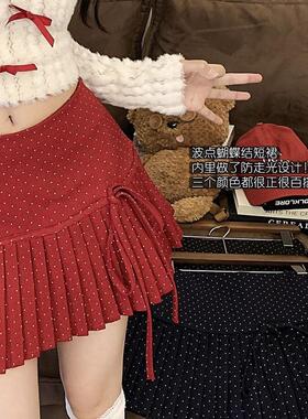 蝴蝶结红色波点百褶半身裙女秋冬防走光高腰短裙辣妹小个子A字裙
