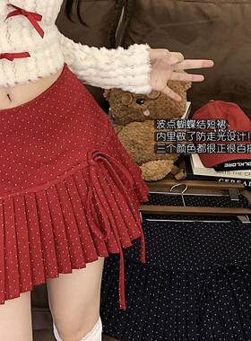 蝴蝶结红色波点百褶裙辣妹半身裙