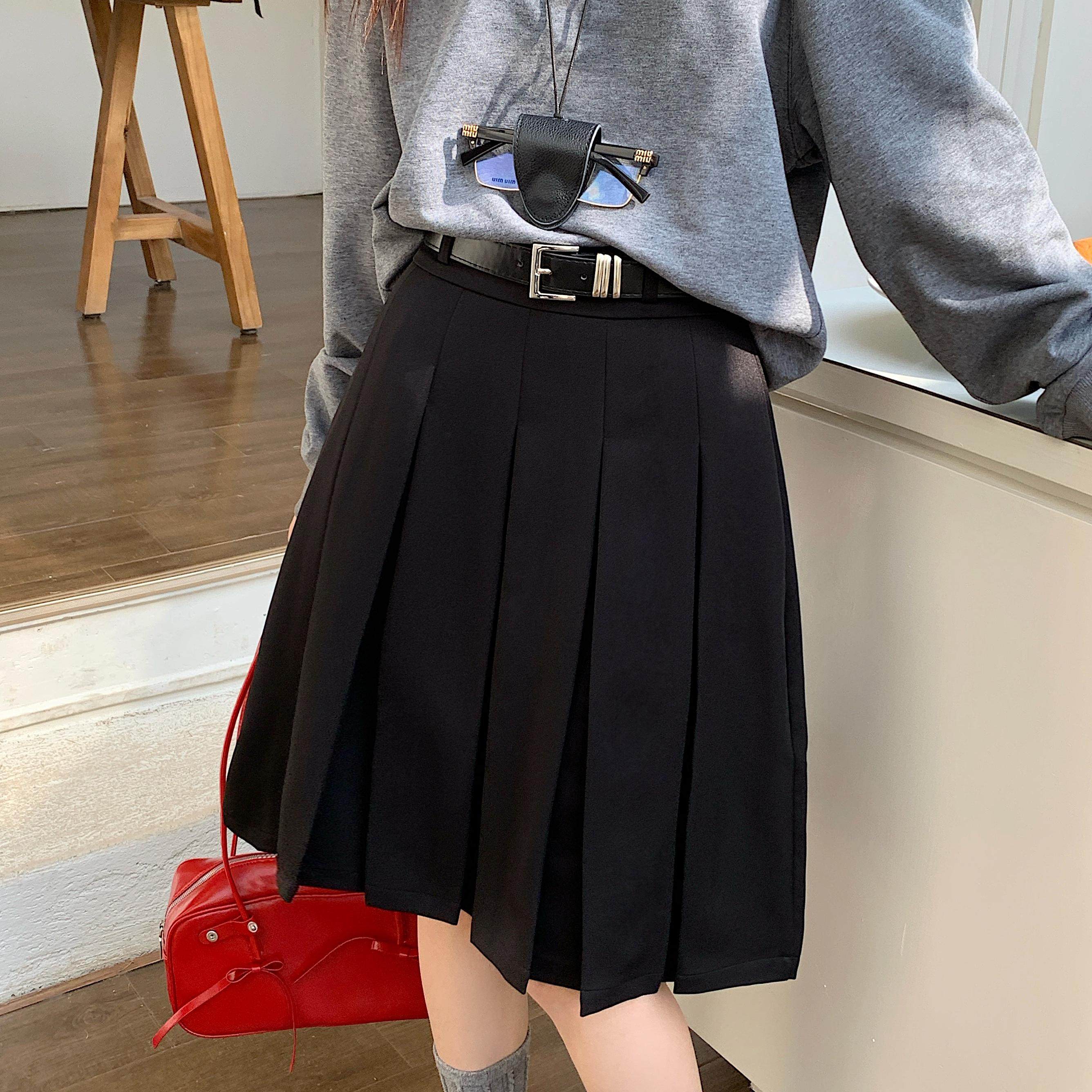 大码灰色中长款百褶裙女春夏胖mm学院风遮胯半身裙高腰显瘦a字裙