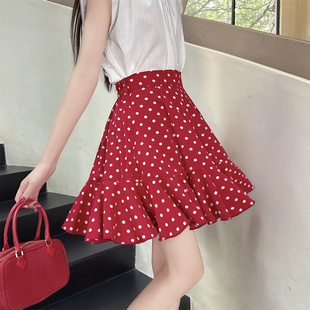 红色波点雪纺蓬蓬鱼尾短裙夏大码遮胯伞裙小个子荷叶边A字半身裙