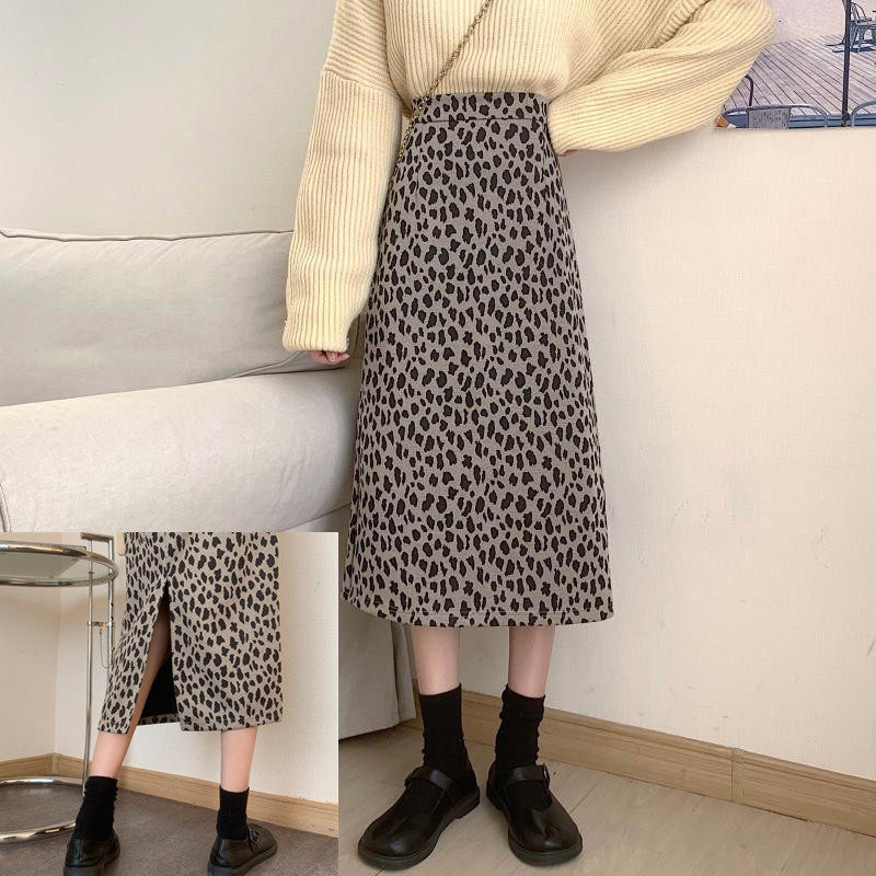 大码复古豹纹开叉半身裙女秋冬胖mm显瘦遮胯垂感A字中长款包臀裙