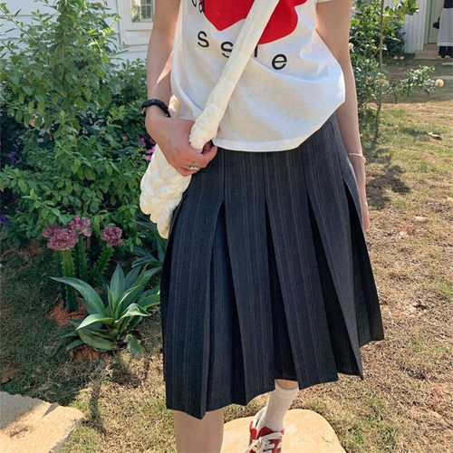 日系条纹百褶格子裙半身裙学院风