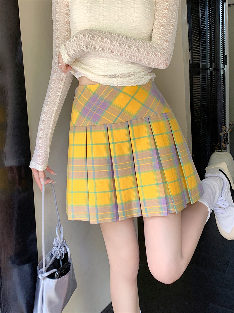 美式复古黄色格子百褶裙夏大码高腰显瘦短裙女格纹A字包臀半身裙