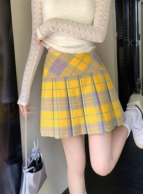 美式复古黄色格子百褶裙夏大码高腰显瘦短裙女格纹A字包臀半身裙