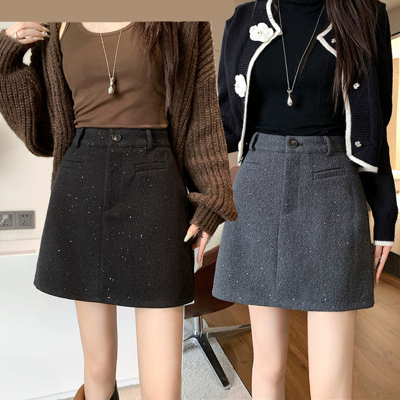 亮闪闪毛呢半身裙秋冬女大码高腰小个子包臀裙小香风亮片A字短裙