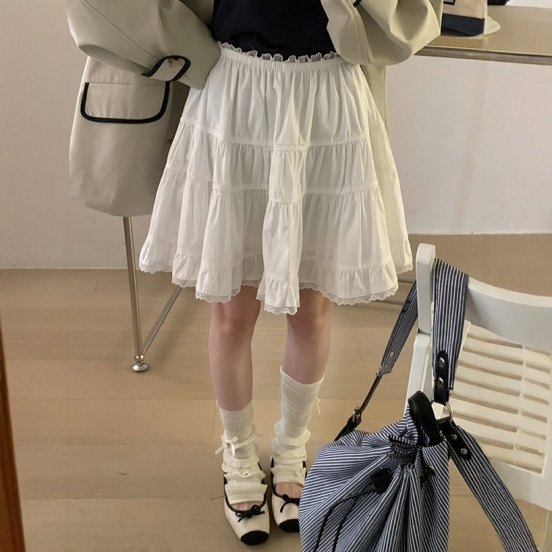 大码法式白色芭蕾风半身裙女夏高腰蓬蓬a字短裙甜美蕾丝边蛋糕裙