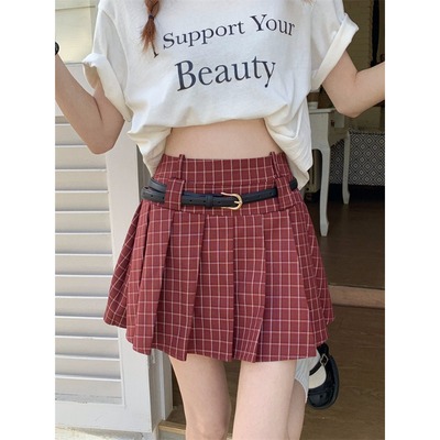 红格子百褶短裙小个子减龄防走光