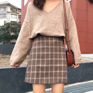 毛呢格子半身裙2022秋冬新款 胖mm短裙a字裙女格裙包臀一步裙 大码