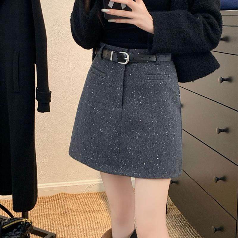 灰色闪闪毛呢半身裙女秋冬大码高腰小个子亮片短裙显瘦a字包臀裙