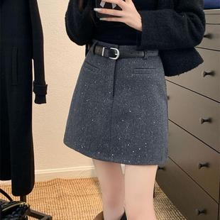灰色闪闪毛呢半身裙女秋冬大码高腰小个子亮片短裙显瘦a字包臀裙