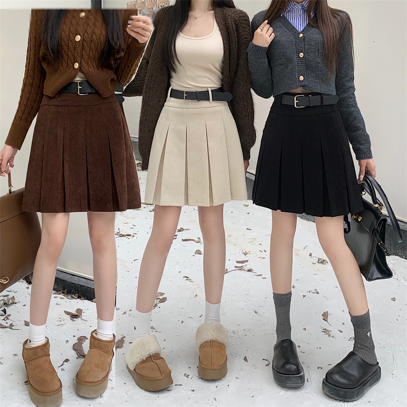 咖色学院风防走光小个子半身裙子