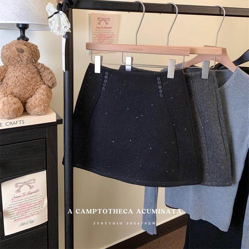 亮闪闪加厚毛呢半身裙女秋冬小个子高腰亮片包臀裙防走光A字短裙