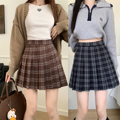 学院风防走光咖啡格百搭半身裙子