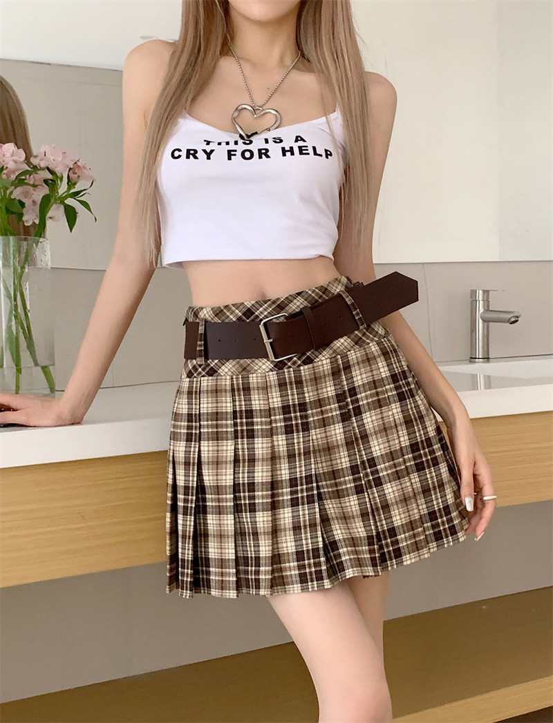 高腰格子百褶裙半身裙女夏季大码显瘦设计感a字裙辣妹包臀短裙子