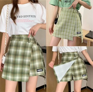 牛油果绿色格子a字学生半身短裙裤 胖mm不规则包臀裙ins超火裙 大码