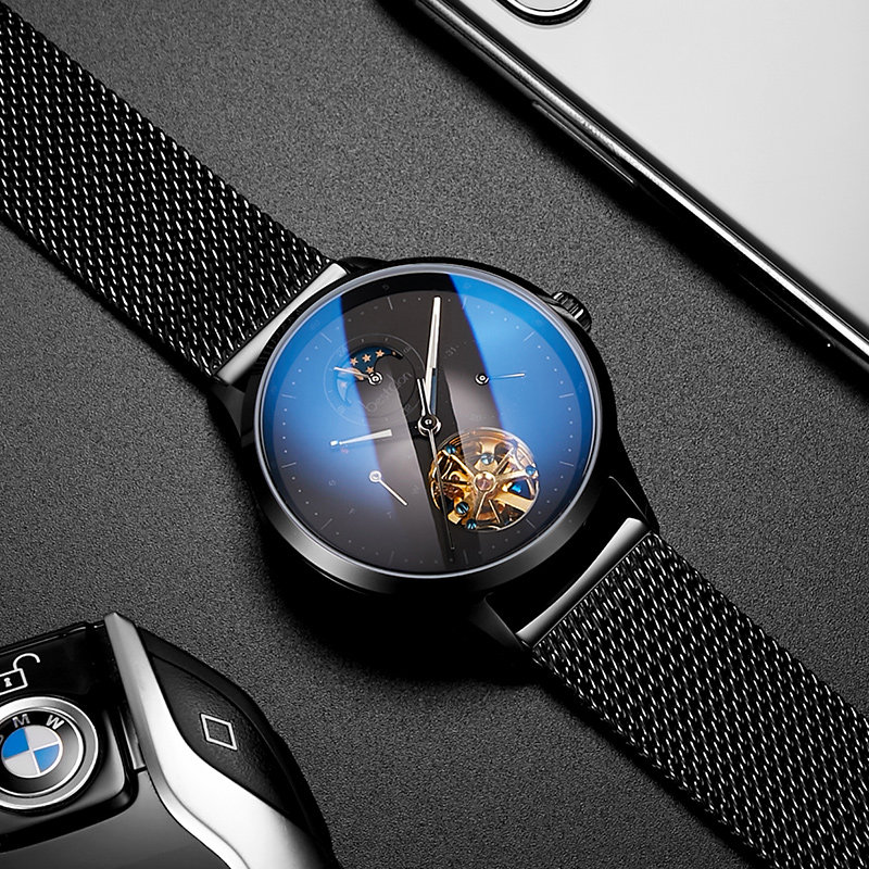 邦顿手表男士机械表全自动蓝光男表精钢带镂空名牌正品2021年新款