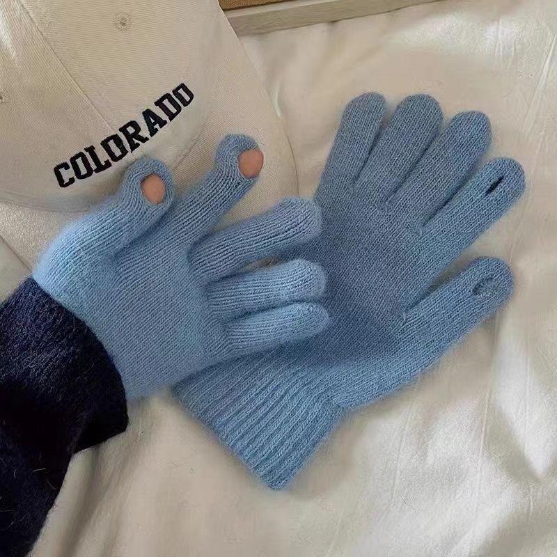 露指触屏仿兔毛加绒保暖手套冬季保暖抗冻五指骑行玩手机手套蓝