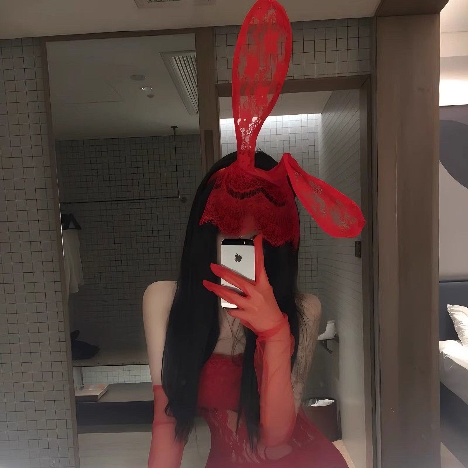 可爱红色蕾丝兔耳朵发箍面纱遮脸性感头箍女感洋气时尚兔女郎头饰