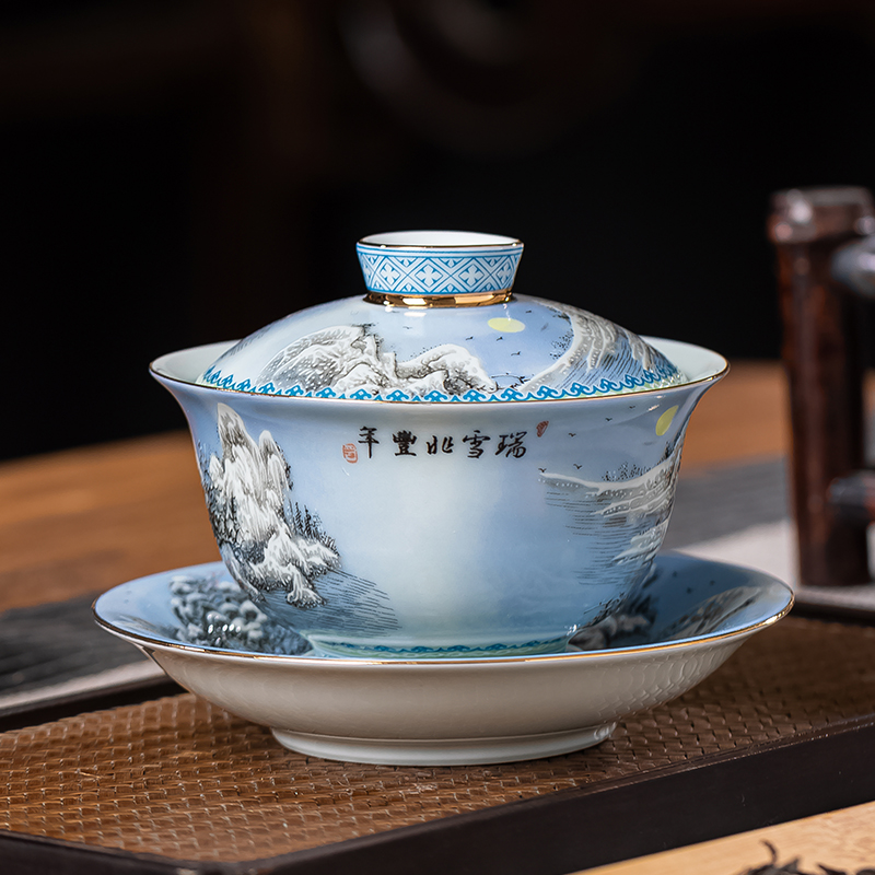 墨彩三才盖碗单个雪景泡茶碗茶杯