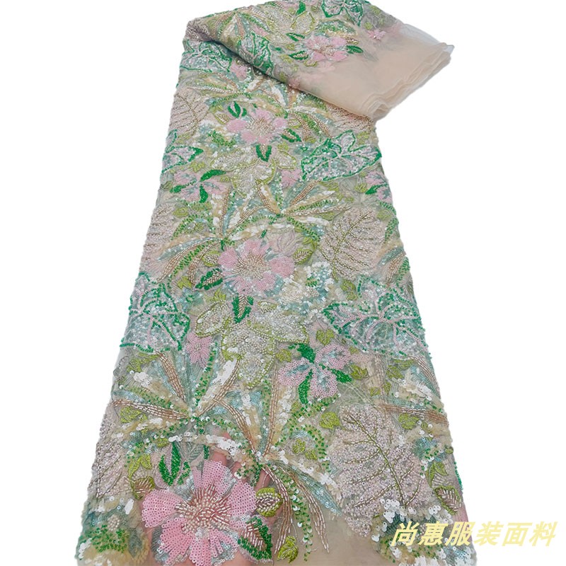 新款彩色珠管绣花布料网纱蕾丝时尚婚纱礼服舞台服连衣裙面料