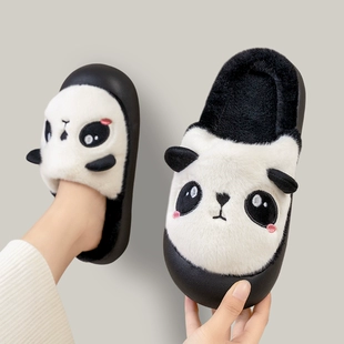 包头防滑软底毛绒居家鞋 女秋冬季 男 可爱熊猫棉拖鞋 半包跟2022新款