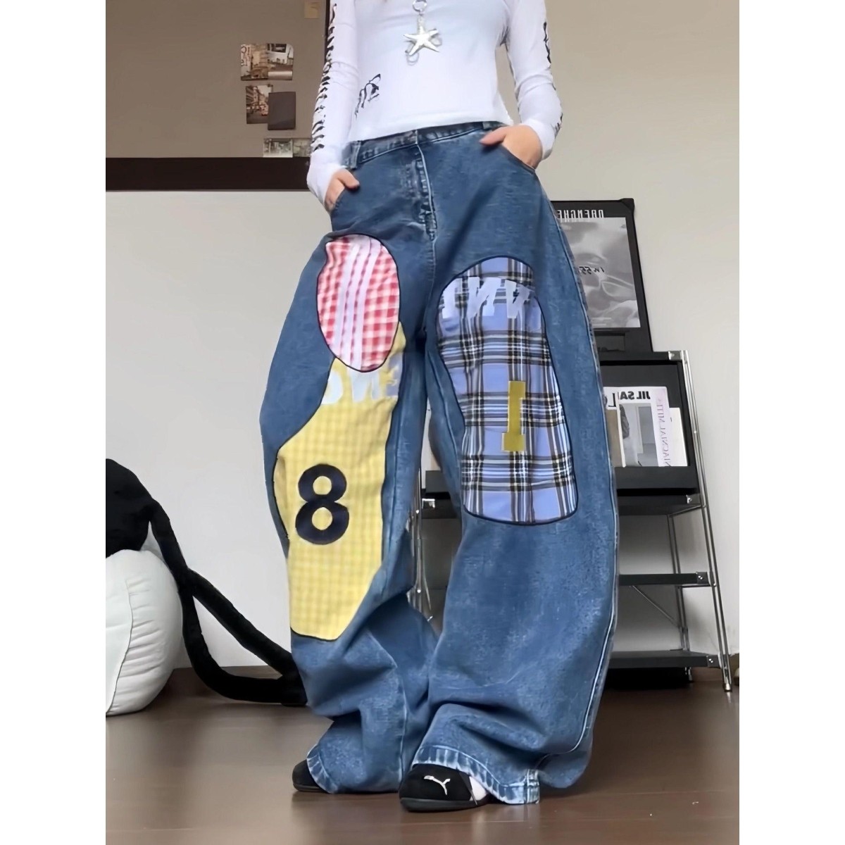 美式设计感格纹拼接牛仔裤女复古街头小众休闲阔腿弯刀拖地长裤子,女装/女士精品,牛仔裤,淘宝优惠券,粉丝福利购,淘宝优惠卷