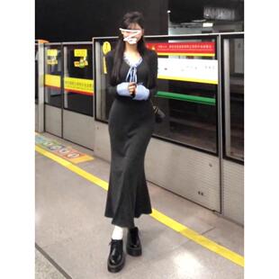 新款 2025秋冬季 收腰打底包臀长裙 针织连衣裙子女装 高级感灰色长袖