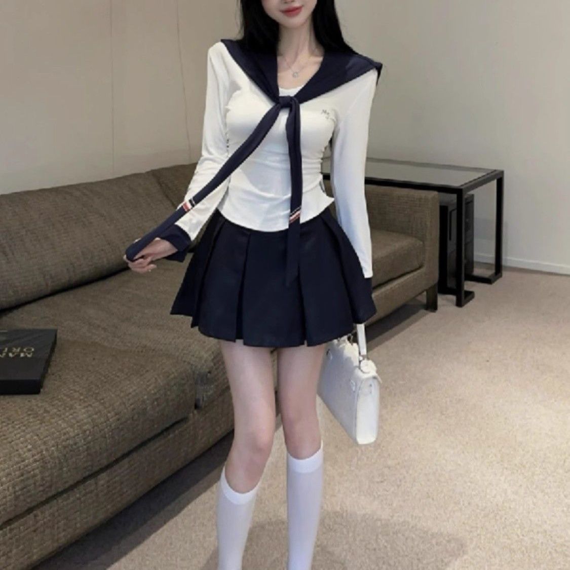 高腰显瘦半身裙小个子制服套装+学院甜辣拼色披肩长袖修身T恤上衣
