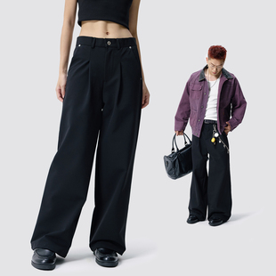 Remedy 黑色褶皱微喇西裤男女秋季新款潮牌百搭cleanfit休闲长裤