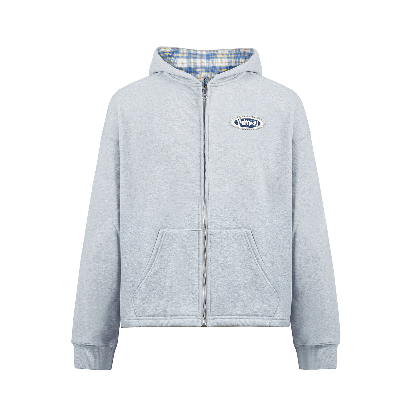 Remedy美式复古格子拼接连帽卫衣男女秋季潮牌开衫外套