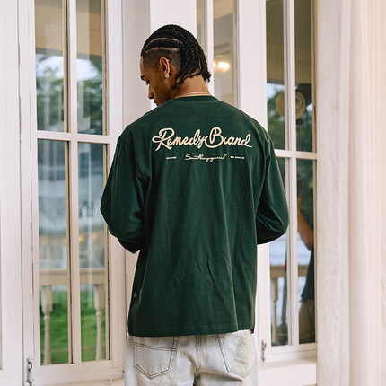 Remedy 美式潮牌植绒印花宽松体恤上衣春秋款国潮情侣长袖T恤男女