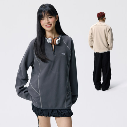 Remedy华夫格运动套头卫衣男女秋季新款宽松半拉链情侣体恤打底衫