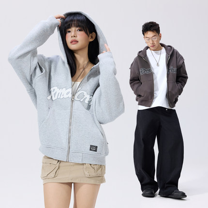 Remedy秋冬款加绒字母印花连帽卫衣男女美式复古宽松拉链情侣外套