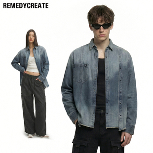 Remedy 美式复古水洗牛仔衬衫男女本布拼接做旧宽松长袖外套上衣