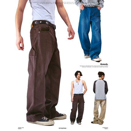 Remedy法工蓝水洗做旧宽松直筒工装长裤美式复古潮牌阔腿休闲裤男