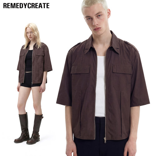 Remedy潮牌多口袋机能工装短袖衬衫男女夏季宽松休闲拉链外套上衣