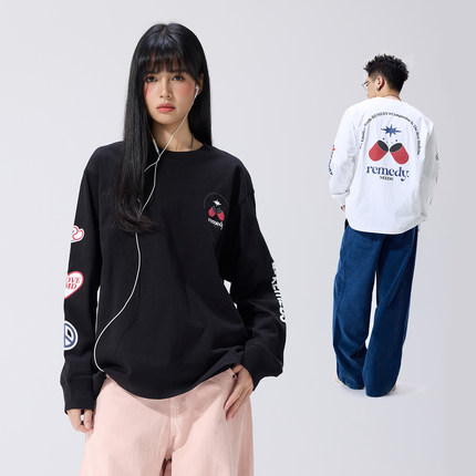 Remedy 美式复古长袖T恤男女秋季新款宽松圆领字母打底体恤上衣