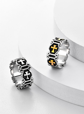 朋克十字架钛钢不掉色男士戒指