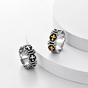 欧美嘻哈朋克十字架钛钢不掉色男士戒指潮男十字军花情侣指环