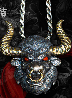 银仓吉s925银牛头宝石镶嵌项链